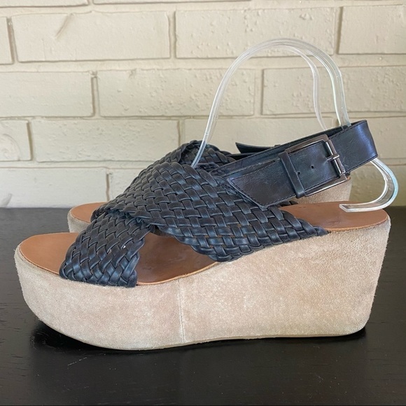 Ecote Black Woven Suede Platform Wedge Sandals - Picture 2 of 6